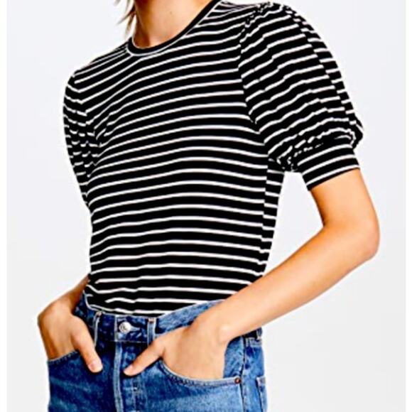 Frame Striped Puff Sleeve Crewneck Multi Noir Top Small - Picture 1 of 6